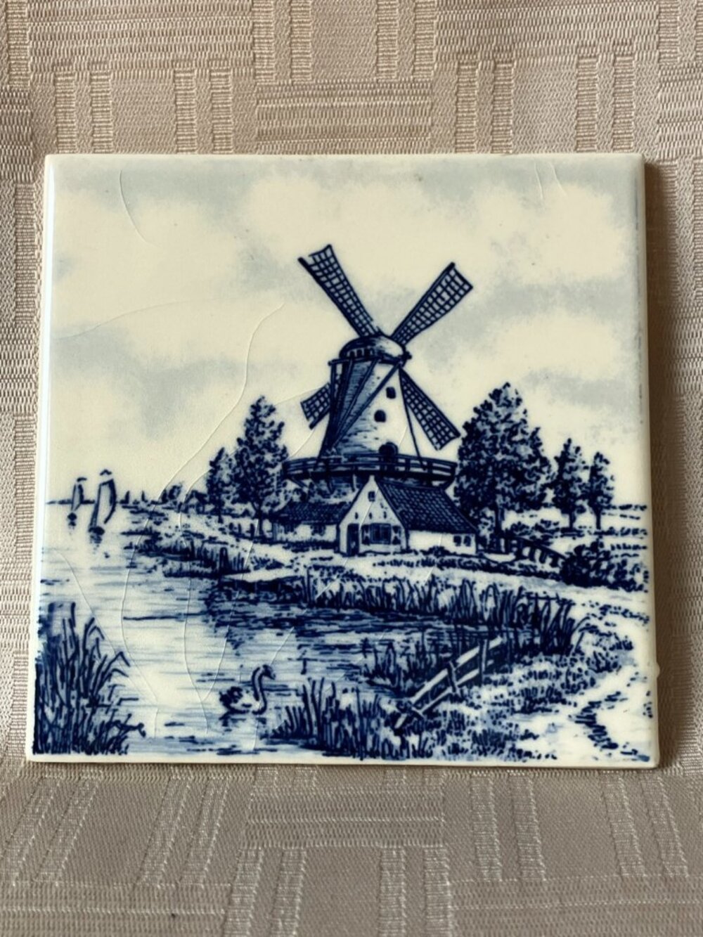 Vintage Villeroy & Boch Delft-style tile Mid-century Blue & White Windmill Lands